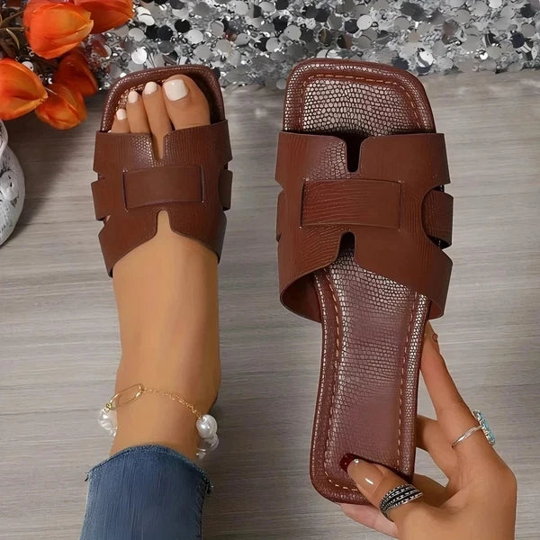 Women's Solid Color Slide Sandals, Lightweight Square Open Toe Slip On Shoes