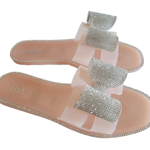 H2K Lucia Nude Fashion Jelly Slides Flip Flops Bow Sandals Bling Open Toe New