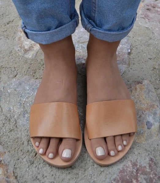 Ancient Greek style natural flat real leather slide sandals handmade minimalist