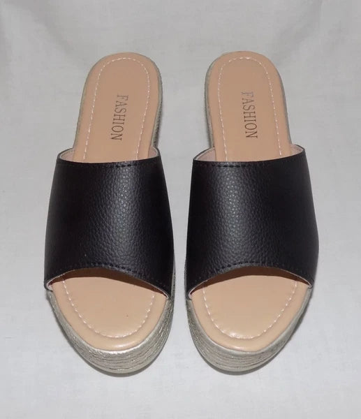 Fashion Womens Faux Leather Open Toe Wedge Heel Platform Slide Sandals 38 EU NEW