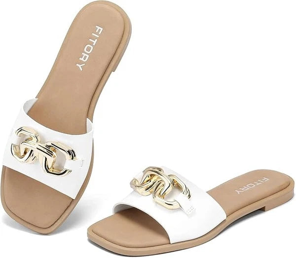 FITORY Women's Flat Sandals Fashion Slides Soft Leather Slippers Summer Size 11