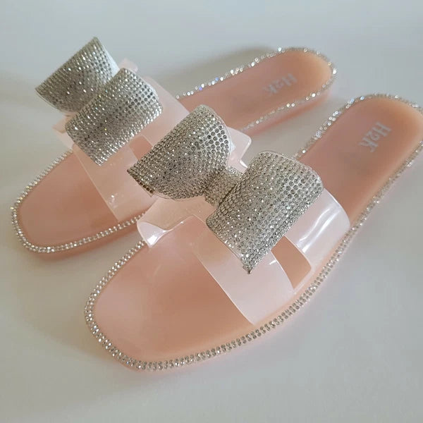 H2K Lucia Nude Fashion Jelly Slides Flip Flops Bow Sandals Bling Open Toe New