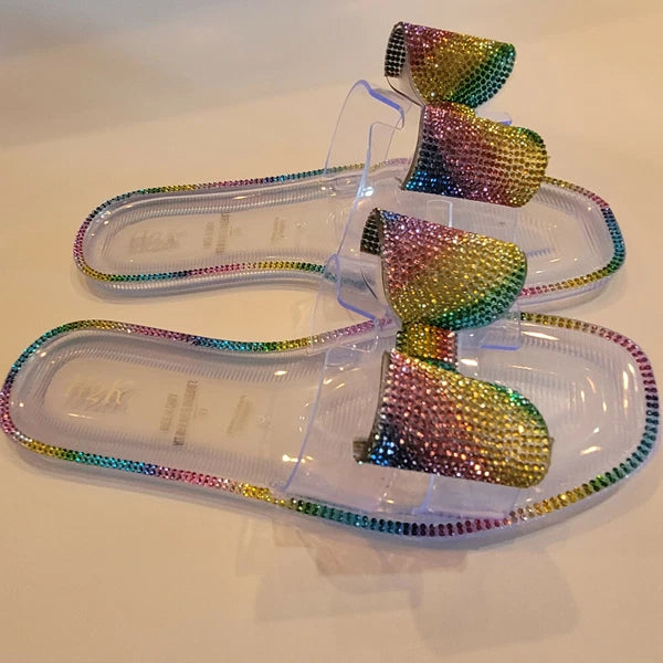 H2K Lucia Rainbow Fashion Jelly Slides Flip Flops Bow Sandals Bling Open Toe New