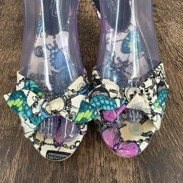 Coach Karen Heels Sandals 7 Y2K Colorful Butterfly Print Cork Bow Slide On Mules