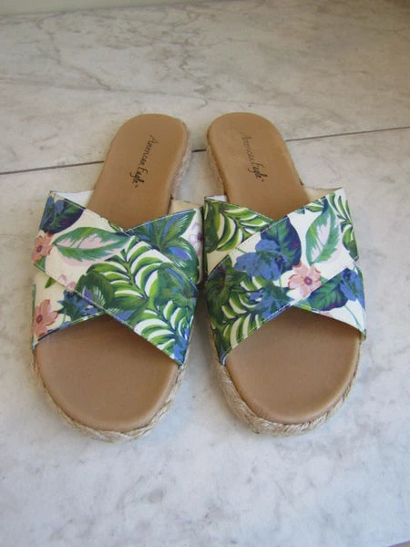American Eagle Floral Cross Strap Multicolor Slides Sandal Shoes Women's Size 9