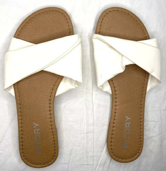 FITORY Women's Flat Sandals Fashion Slides Faux Leather White Size 7 US