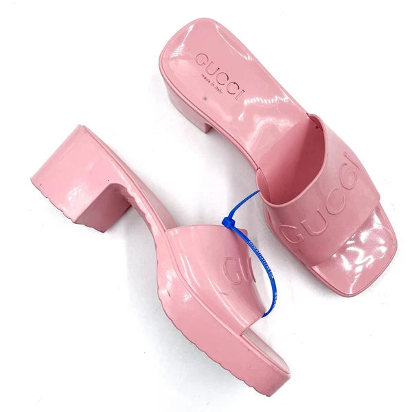 Gucci Rubber Slide Sandals Pink Logo Square Open Toe Block Heel Mules Sz 36 / 6