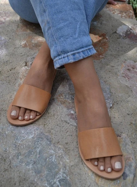 Ancient Greek style natural flat real leather slide sandals handmade minimalist