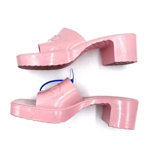 Gucci Rubber Slide Sandals Pink Logo Square Open Toe Block Heel Mules Sz 36 / 6