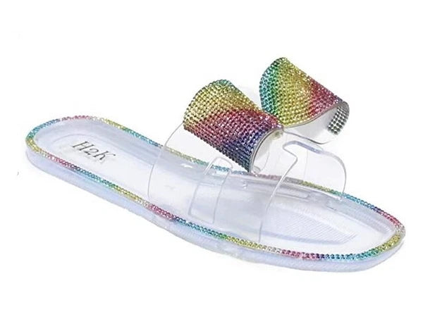 H2K Lucia Rainbow Fashion Jelly Slides Flip Flops Bow Sandals Bling Open Toe New