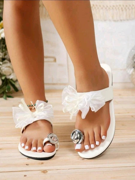 Women's Fashionable Elegant Bow & Metal Toe Accent Sandals US Size 11 White