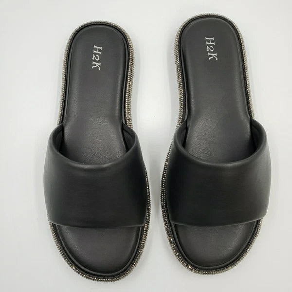 Womens Black Rhinestone Slides Open Toe Sandals Flip Flops Slipper Summer Shoes