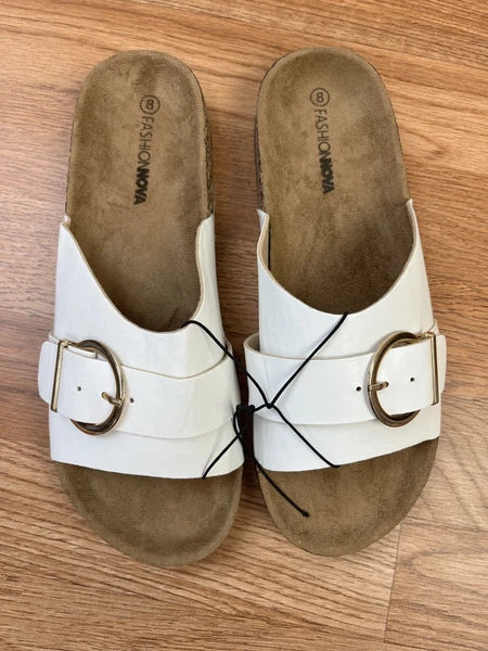 Fashion Nova True Statement Flat Cork Sandals White Slides Size 8 Women's NEW