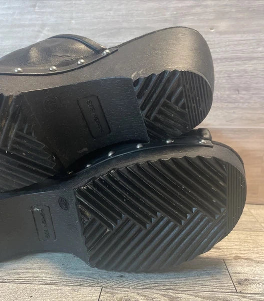 Fashion Bug Slide On Sandals Studded Floral Black Block Heal Size 9W Vintage