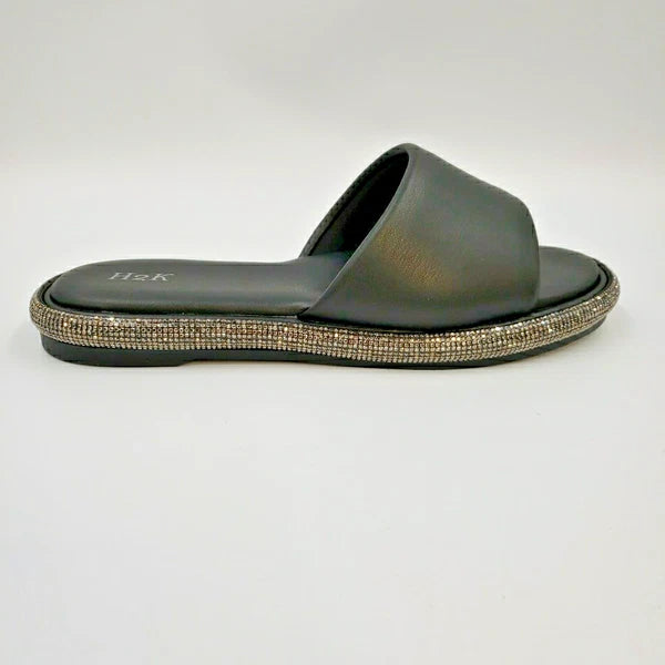 Womens Black Rhinestone Slides Open Toe Sandals Flip Flops Slipper Summer Shoes