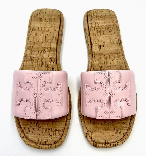 TORY BURCH DOUBLE T SPORT SLIDE SANDAL PATENT LEATHER PETUNIA/NATURAL SZ 10 NIB
