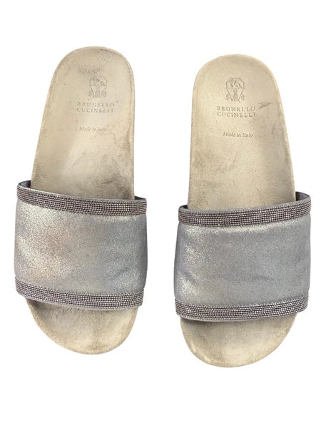 Brunello Cucinelli Monili Gray Suede Slides Sz 36.5 Women's us sz 6.5 $995