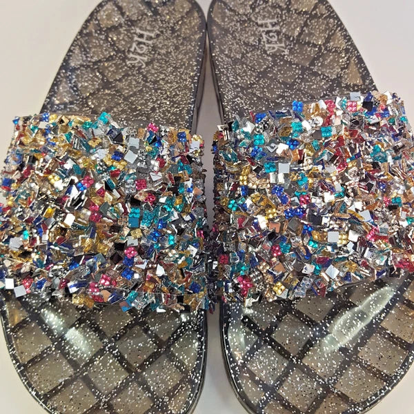 H2K CANDY Multi Color Glitter Beads Fashion Slides Flip Flops Sandals Bling