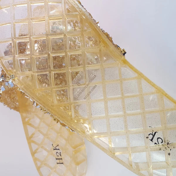 H2K CANDY Gold Color Glitter Beads Fashion Slides Flip Flops Sandals Bling