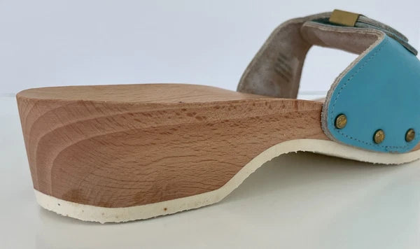 Dr. Scholl's The Original Wooden Sandals Slides Aqua Blue Leather Size 7 Italy
