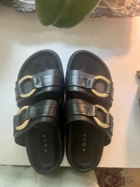 Aqua Bloomingdales Leather Arizona Style Slides Womens 7 Black Gold Black $128