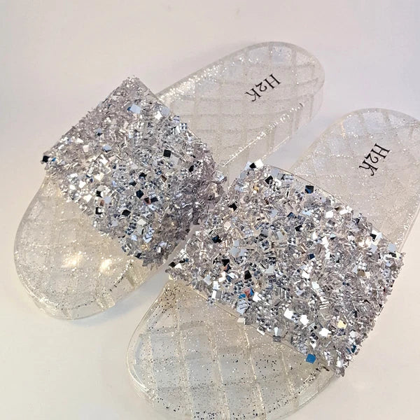 H2K CANDY Silver Color Glitter Beads Fashion Slides Flip Flops Sandals Bling