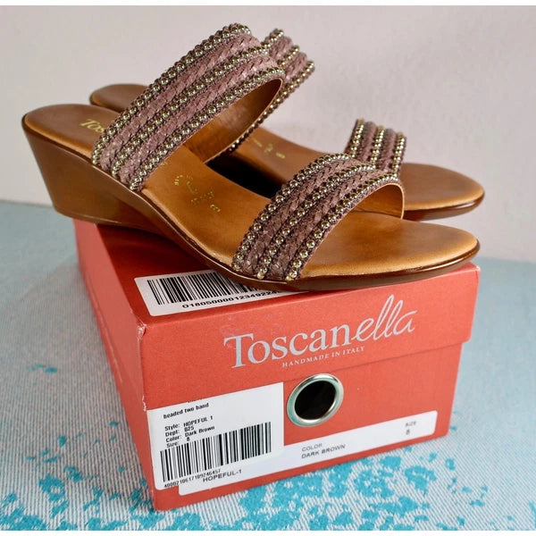 TOSCANELLA Wedge Sandals 8 Handmade in Italy Dark Brown Beaded Two Band  BOHO