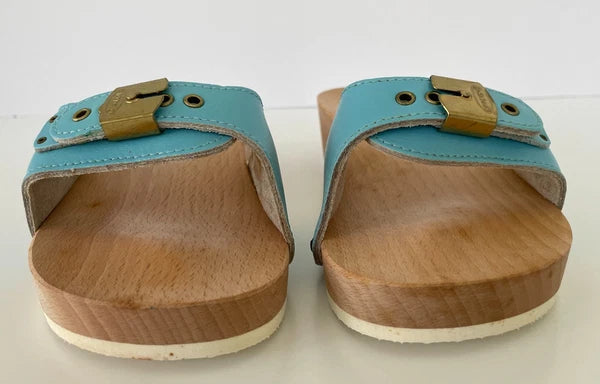 Dr. Scholl's The Original Wooden Sandals Slides Aqua Blue Leather Size 7 Italy