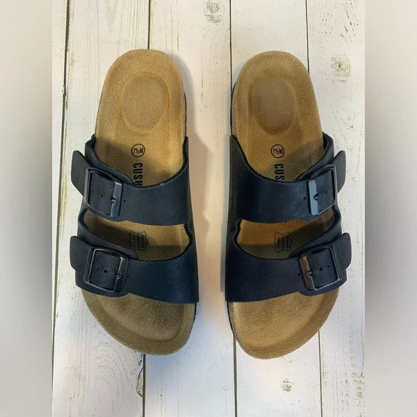 Cushionaire Lane Cork Footbed Slide Sandal Black Buckles Women's Size 7.5