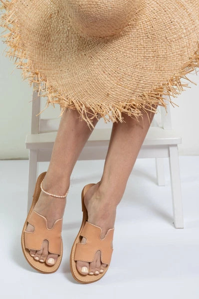 Ancient Greek style natural beige flat real leather h slide sandals handmade