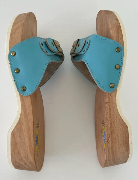 Dr. Scholl's The Original Wooden Sandals Slides Aqua Blue Leather Size 7 Italy