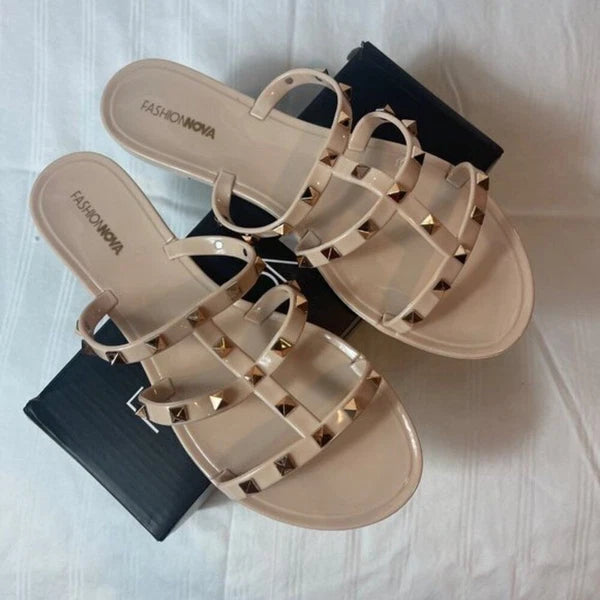 Fashion Nova Drive You Wild Flat Beige Slide On Studded Detail Sandal Size 10