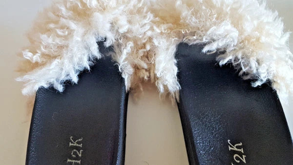 H2K Paula Beige FUZZY Fur Fashion Slides Flip Flops Sandals Slides Cozy Warm