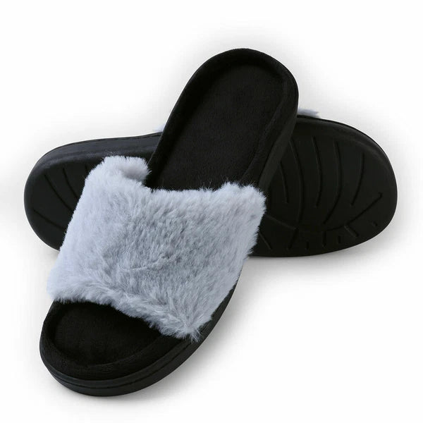 Women Fashion Warm Cozy Plush Indoor Anti Slip Slippers Open Toe Flat Sandals