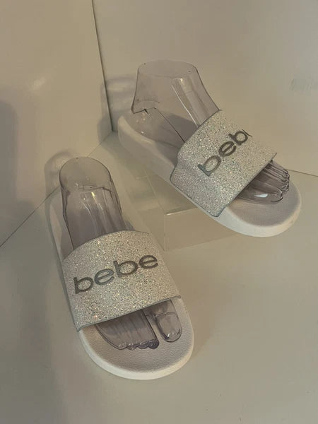 Bebe Women’s White Slide Fashion Sandals Flats Size 10, Glitter. NWOT. Fast Ship