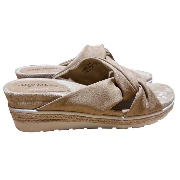 Easy Street Women's Sandals Slides Tan Twist Knot Espadrille Wedge Size 8M