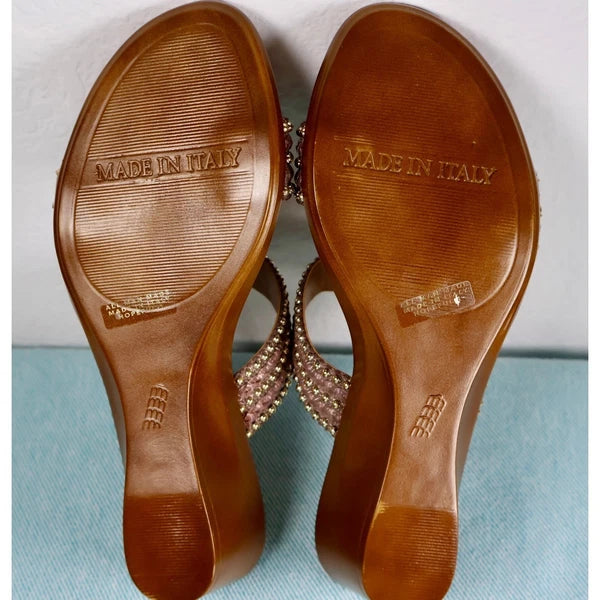 TOSCANELLA Wedge Sandals 8 Handmade in Italy Dark Brown Beaded Two Band  BOHO