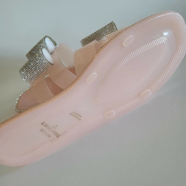 H2K Lucia Nude Fashion Jelly Slides Flip Flops Bow Sandals Bling Open Toe New