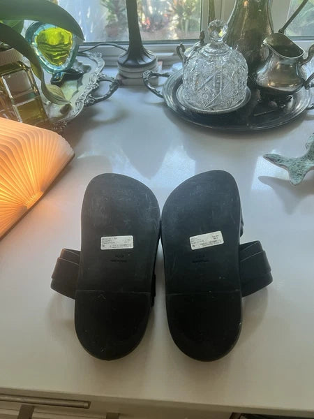 Aqua Bloomingdales Leather Arizona Style Slides Womens 7 Black Gold Black $128