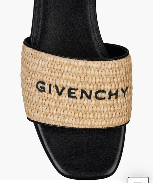 GIVENCHY 4G EMBROIDERED LOGO RAFFIA AND BLACK LEATHER SLIDE SANDALS SZ 40.5 NEW!