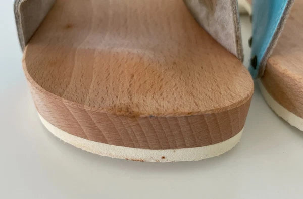 Dr. Scholl's The Original Wooden Sandals Slides Aqua Blue Leather Size 7 Italy
