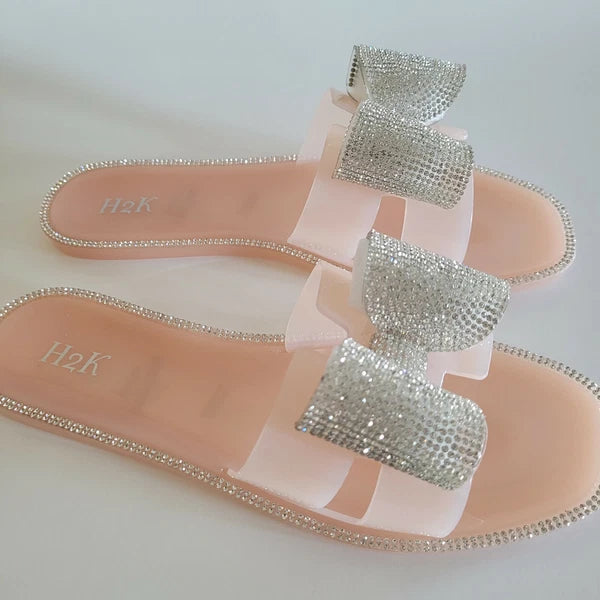 H2K Lucia Nude Fashion Jelly Slides Flip Flops Bow Sandals Bling Open Toe New