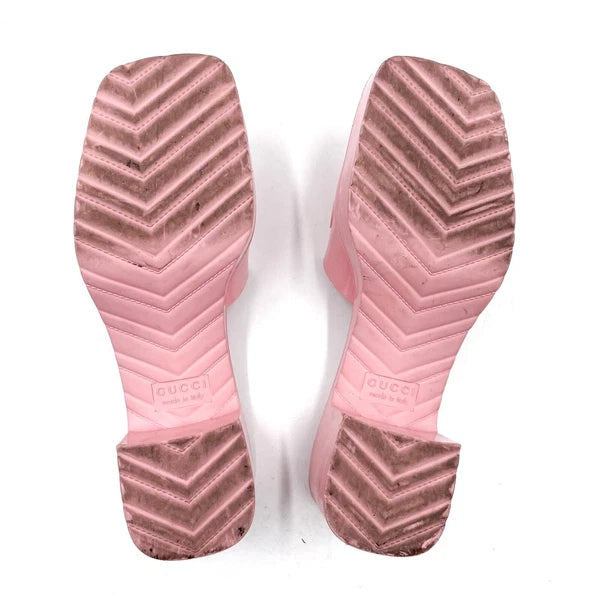 Gucci Rubber Slide Sandals Pink Logo Square Open Toe Block Heel Mules Sz 36 / 6