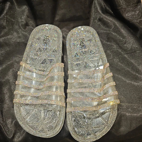 💎H2K CANDY Silver Color Glitter Beads Fashion Slides Flip Flops Sandals Bling💎