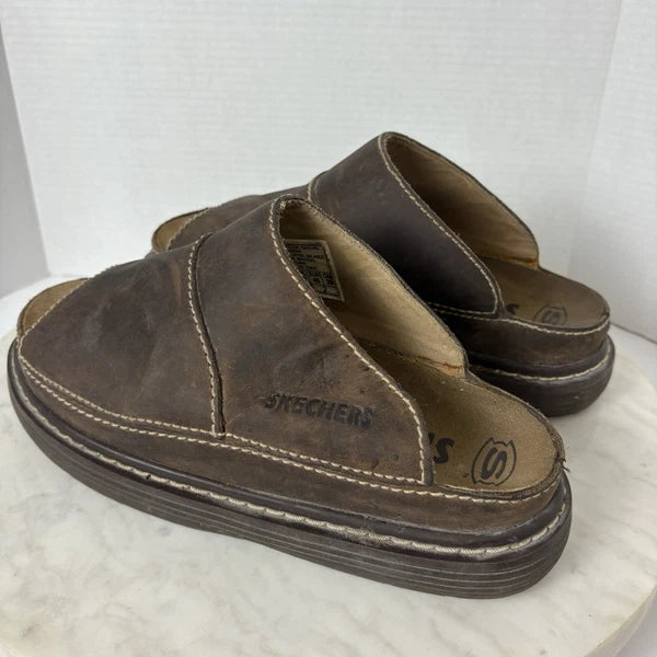 Y2K style chunky brown leather platform slides women's 11 Sketchers 90s 2000s