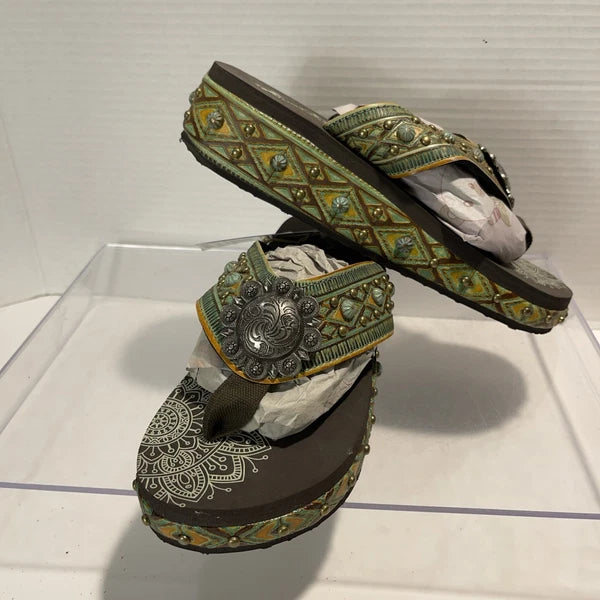 Montana West Green/Brown Embossed Studs Western Style Wedge Sandals Sz8-8.5