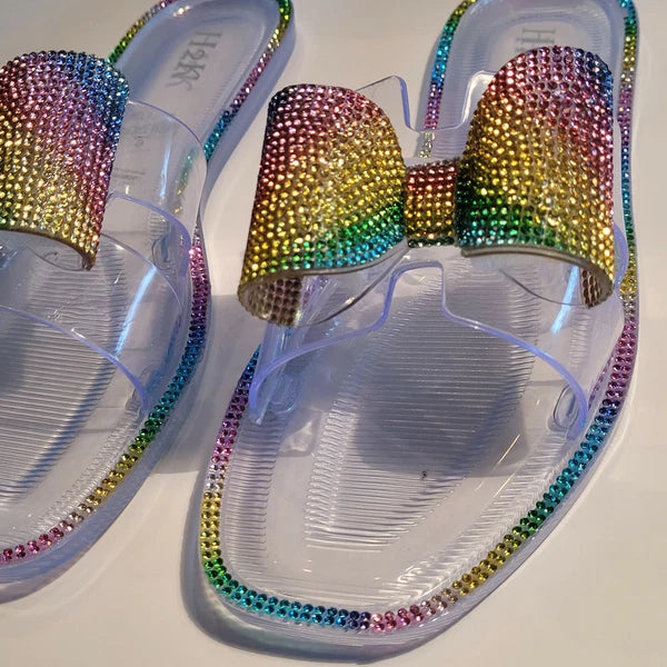 H2K Lucia Rainbow Fashion Jelly Slides Flip Flops Bow Sandals Bling Open Toe New