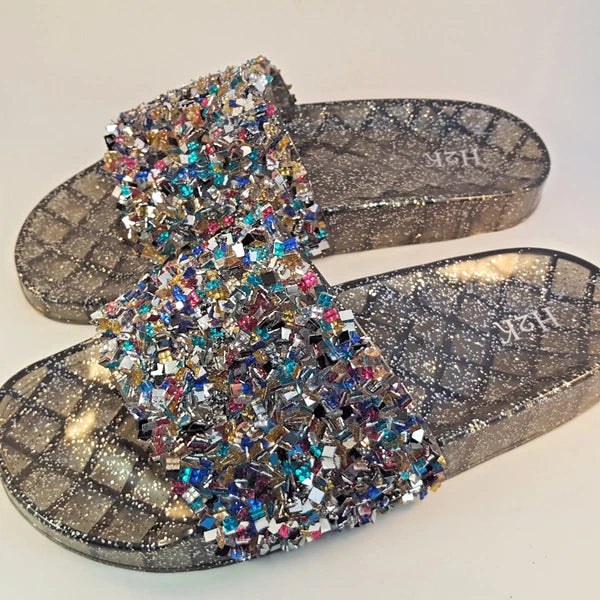 H2K CANDY Multi Color Glitter Beads Fashion Slides Flip Flops Sandals Bling