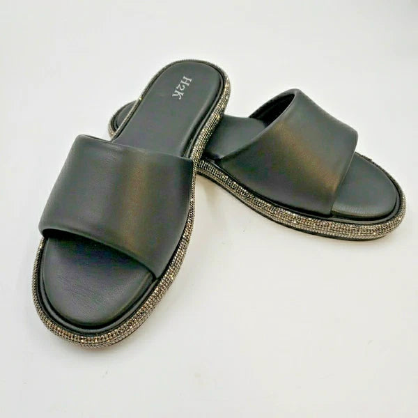 Womens Black Rhinestone Slides Open Toe Sandals Flip Flops Slipper Summer Shoes