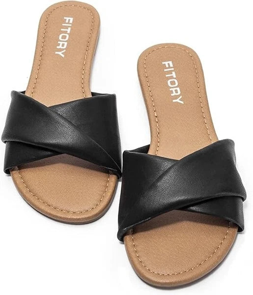 FITORY Women's Flat Sandals Fashion Slides Soft Leather Slippers for Summer US6